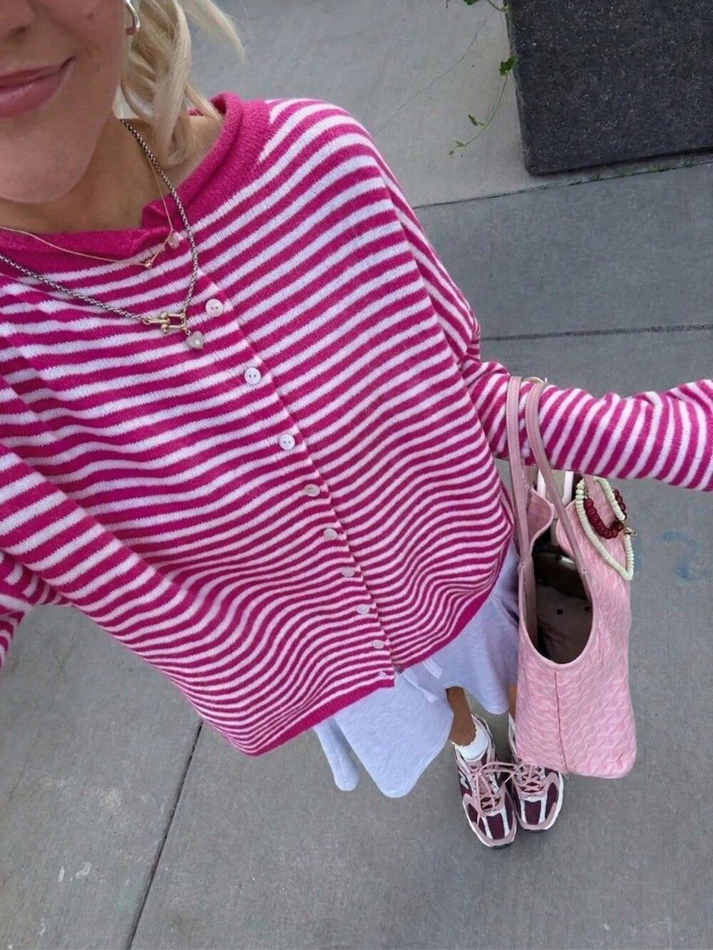 Hot Pink Casual Women's Loose Striped button down Knit Cardigan
